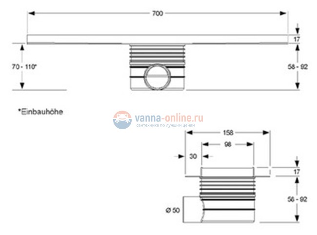 Дренажный канал MEPA 150302, 700 мм, в комплекте ножки, сифон 0,81л/с Дренажный канал MEPA 150302, 700 мм, в комплекте ножки, сифон 0,81л/с