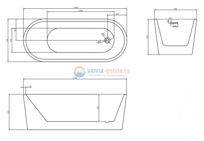 Ванна акриловая Abber AB9272-1.7 170 х 70 x 58 см отдельностоящая, белая