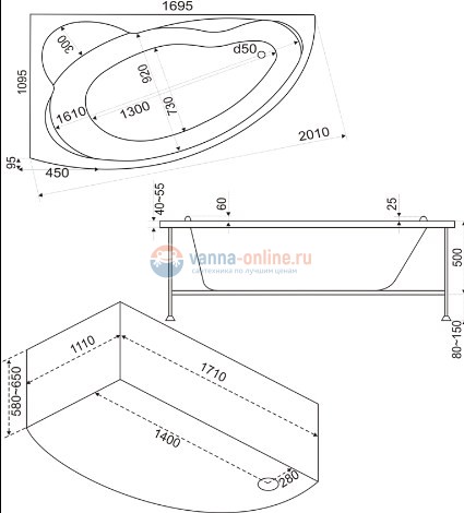 Ванна акриловая Bas Лагуна (Laguna) L/R 170 х 110 см