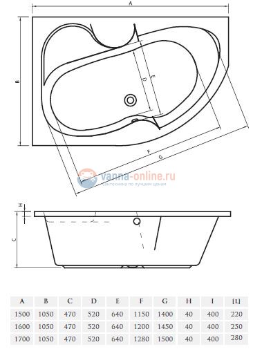 Ванна акриловая Vayer Azalia L/R 150 х 105 см