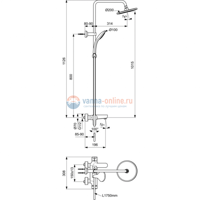 Душевая система в комплекте с настенным смесителем для ванны/душа Ideal Standard CERAFINE O BC525XG