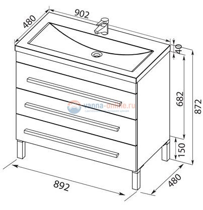 Тумба c раковиной Aquanet Верона 90 напольная (3 ящика) 00178470, цвет белый