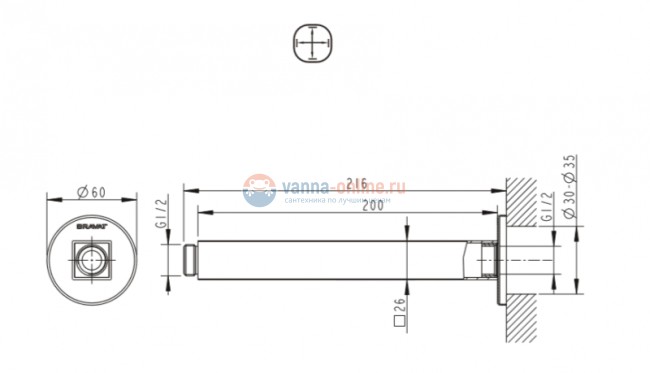 Потолочный кронштейн Bravat Built-in P7436C-RUS для душа, 20 см, хром