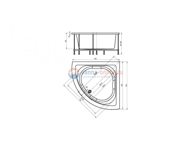 Ванна акриловая Aquatek Юпитер 150 x 150 см с фронтальным экраном, вклеенный каркас, белая, UPT150-0000026