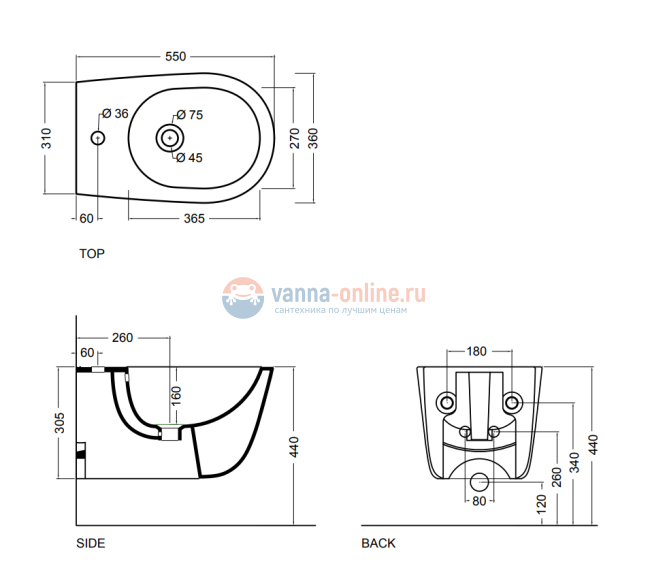 Биде подвесное 550х360мм., AXA Eva