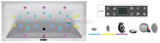 Система г/м Riho BLISS 2: интегр. аудио с-ма+радио, 20 а/форс в станд исп, 5 вариантов установки а/м, 6 форс для спины, 8 боковых и 4 для стоп в станд исполн, 1 подводный светильник х/т, 10ти кн пульт ДУ, автом/руч сушка а/м, bluetooth, радиопр, функция о