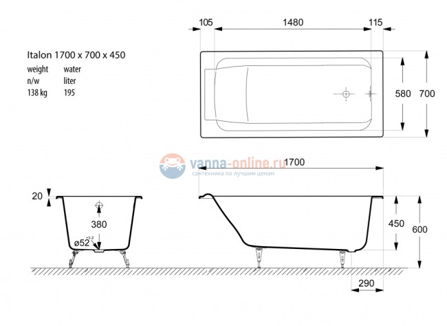 Ванна чугунная Vinsent Veron Italon 170x70x45 с отверстиями для ручек