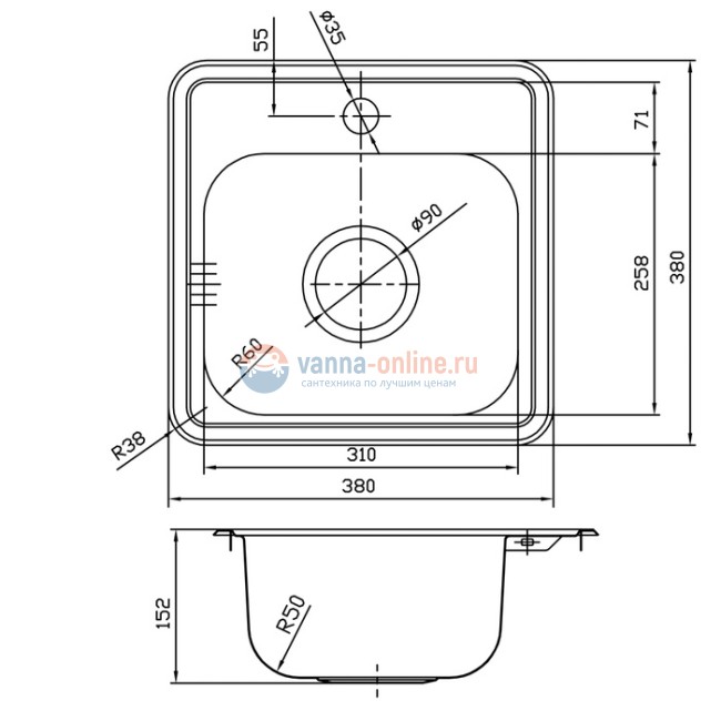 Кухонная мойка Iddis Strit STR38P0i77 38 x 38 x 15.2см, квадратная, нержавеющая сталь