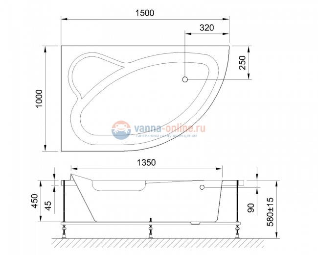 Ванна гидромассажная Royal Bath Alpine Standart RB819100ST-L/R, 150 x 100 см, белая