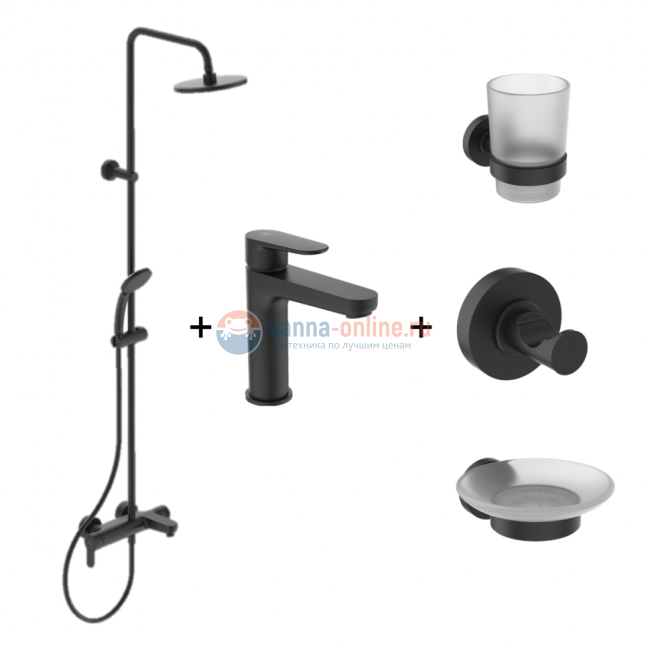 Промо-комплект, состоящий из душевой системы IDEALRAIN BC749XG, смесителя для раковины CERAFINE BC554XG, крючка для одежды IOM A9115XG, стакана с держателем IOM A9120XG и мыльницы A9122XG IOM
