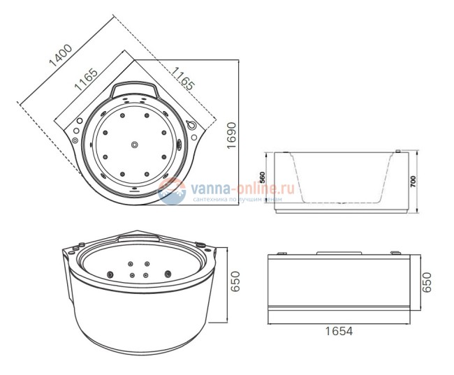 Ванна гидромассажная акриловая Gemy G9251 K, 140 х 140 х 70 см