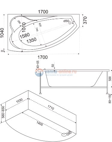 Ванна акриловая Bas Николь, 170 х 100 см, левая/правая, В 00027/В 00028