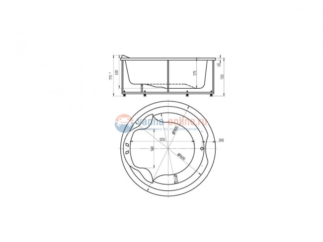 Ванна акриловая Aquatek Аура 180 x 180 см с фронтальным экраном, круглая, вклеенный каркас, белая, AUR180-0000033