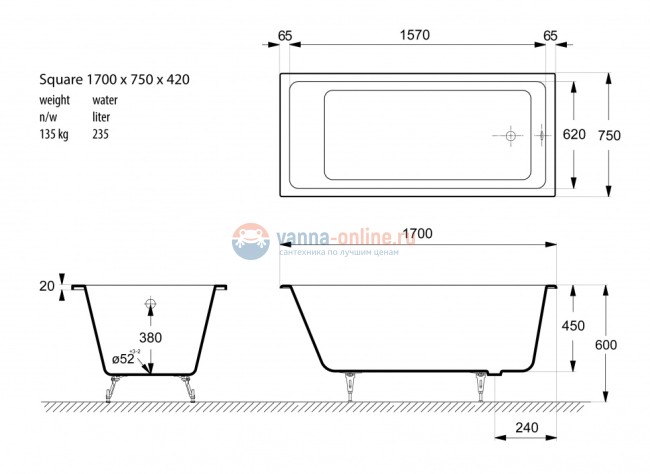 Ванна чугунная Vinsent Veron Square 170x75x45 с отверстиями для ручек