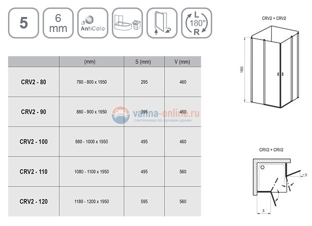 Душевой уголок Ravak Chrome CRV2+CRV2 90 x 120 см профиль белый, стекло Транспарент