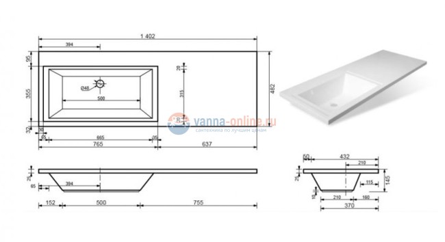 Раковина Эстет Даллас 140, 140.2 х 48.2 х 14.5 см, левая