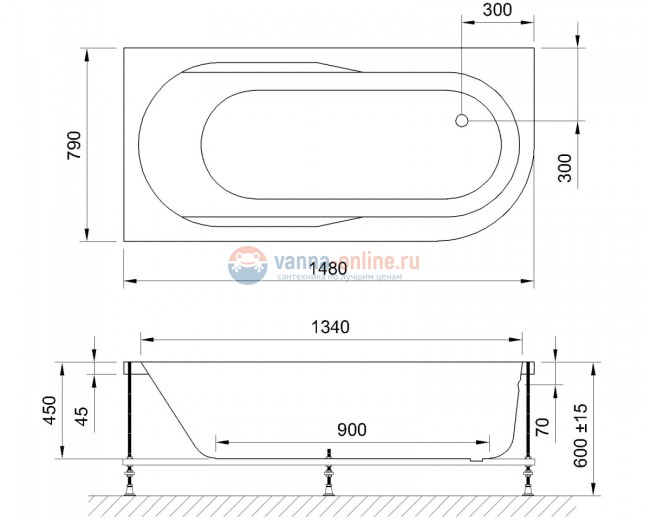 Ванна гидромассажная Royal Bath Azur Standart RB614201ST-L/R, 148 x 79 см, белая