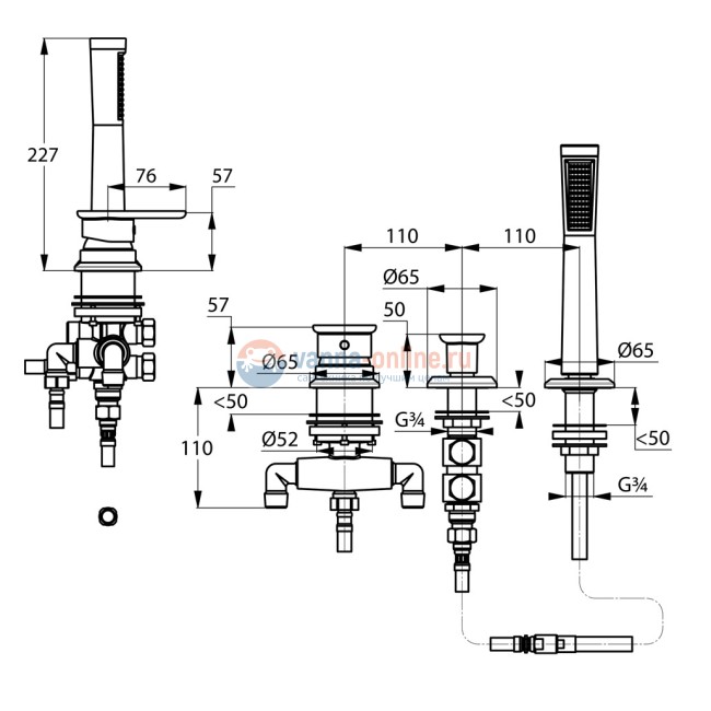 Смеситель Kludi E2 494260575 для ванны и душа, на 3 отверстия без излива