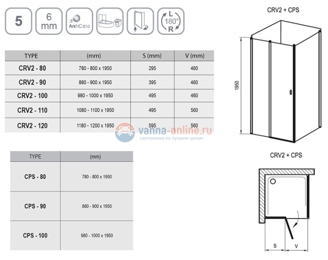 Душевой уголок Ravak Chrome CRV2+CPS 100 x 80 см профиль сатин, стекло Транспарент