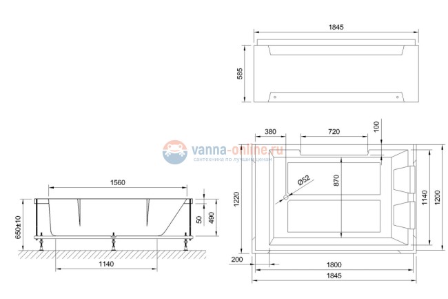 Акриловая ванна Royal Bath Triumph RB 665100 180 x 120 см в сборе с фронтальной и торцевой панелями и каркасом