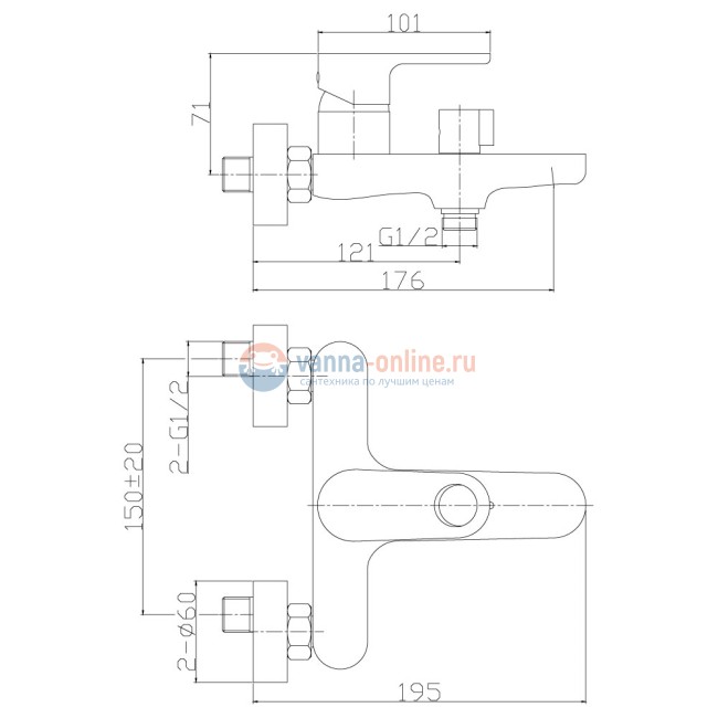 Смеситель Rossinka RS33-31 для ванны и душа с монолитным коротким изливом