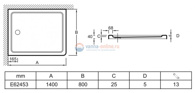Поддон Jacob Delafon Flight 140 x 80 см, E62453-F-00 с антискользящим покрытием