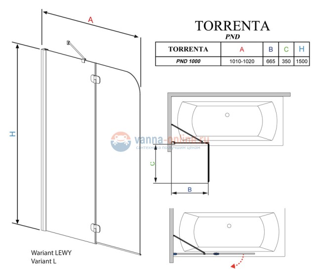 Шторка на ванну Radaway Torrenta PND 100 прозрачное стекло L