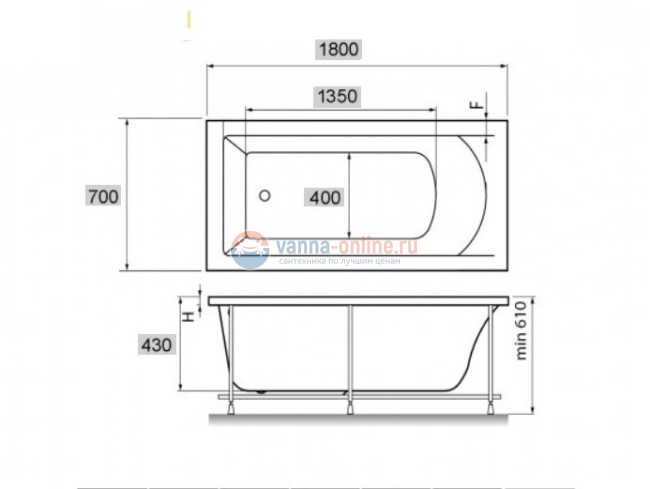 Ванна акриловая Vayer Milana 180 х 70 см, прямоугольная, белая
