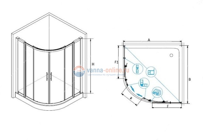 Душевой уголок RGW HO-512, 030651222-11, 120 х 120 x 195 см, четверть круга, дверь раздвижная, стекло прозрачное, хром