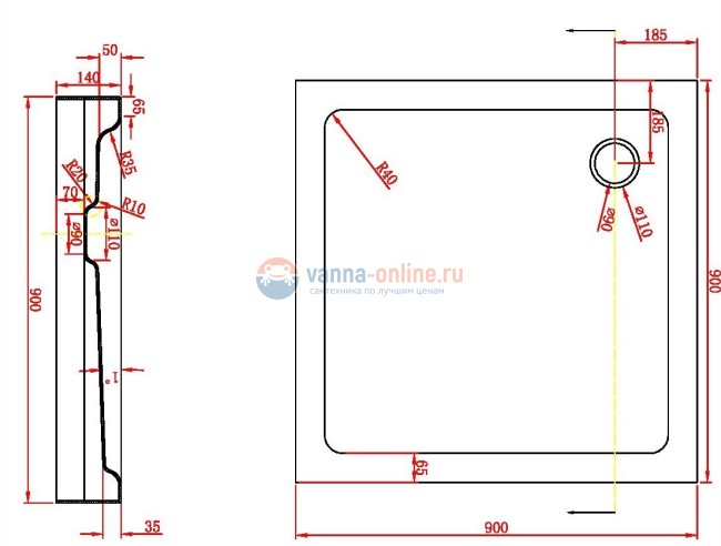 Поддон душевой Bravat Type-S2 P19 90 x 90 см квадратный, с сифоном и ножками, белый