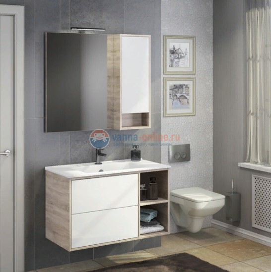 Зеркальный шкаф Comforty Гамбург 90 белый/дуб сонома, первый