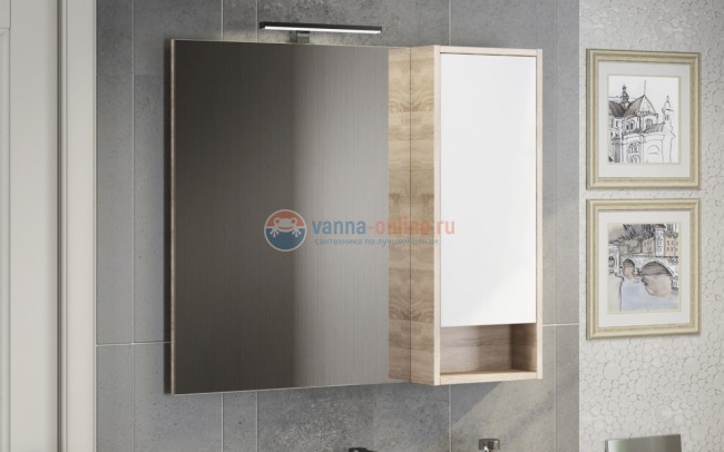 Зеркальный шкаф Comforty Гамбург 90 белый/дуб сонома, первый