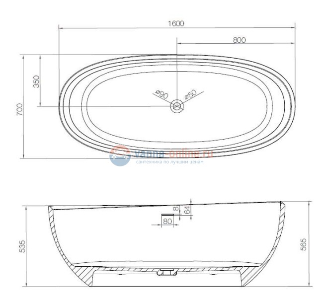 Ванна из искусственного камня NTBagno Firenze 160 х 70 см, цвет белый, NT204