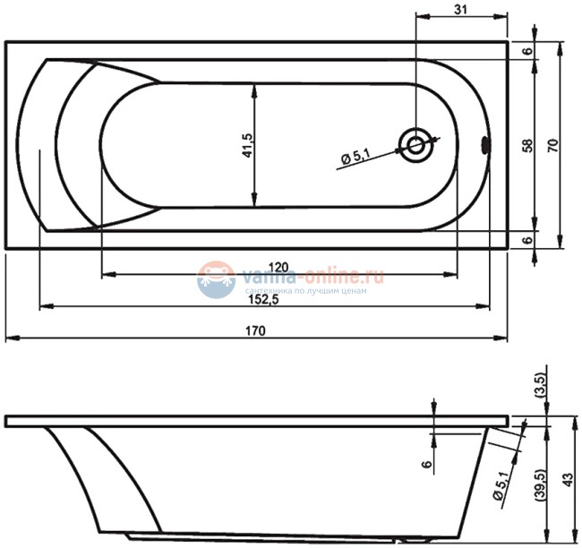 Акриловая ванна Riho Miami 170x70 см Акриловая ванна Riho Miami 170x70 см