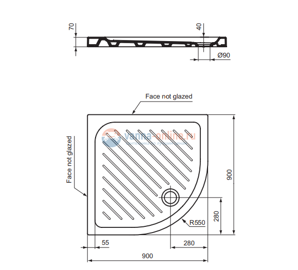 Поддон Vidima 90 x 90 см,  W833561, керамический, четверть круга, R 550