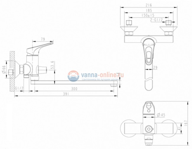 Смеситель Bravat Drop-D F648162C-01A для ванны, длинный излив