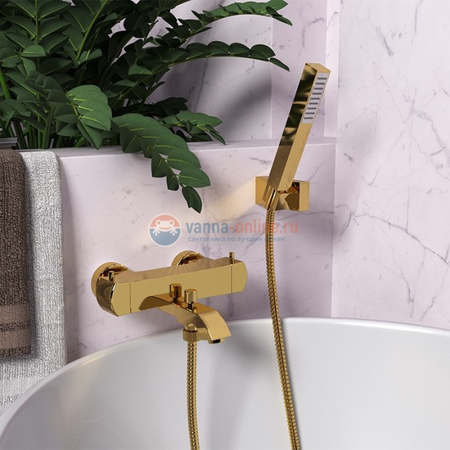 Смеситель для ванны Paini Lady с термостатом и аксессуаром, золото PVD Смеситель для ванны Paini Lady с термостатом и аксессуаром, золото PVD