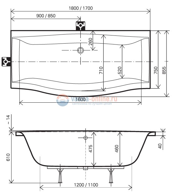 Акриловая ванна Ravak Magnolia 170 x 75 см