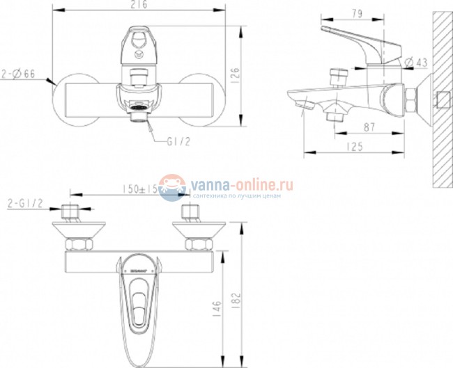 Смеситель Bravat Drop-D F648162C-B-RUS для ванны, короткий излив, с душевым гарнитуром Смеситель Bravat Drop-D F648162C-B-RUS для ванны, короткий излив, с душевым гарнитуром