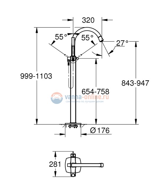 Смеситель Grohe Grandera 23318IG0 для ванны, напольный, хром/золото Смеситель Grohe Grandera 23318IG0 для ванны, напольный, хром/золото
