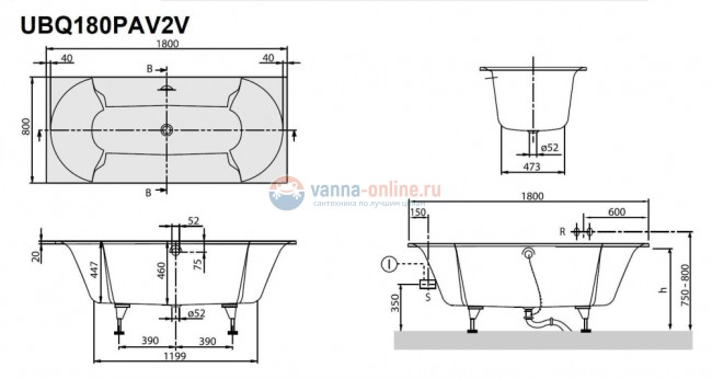 Ванна Villeroy&Boch Pavia UBQ180PAV2V-01, 180 x 80 см, Quaryl®, alpin