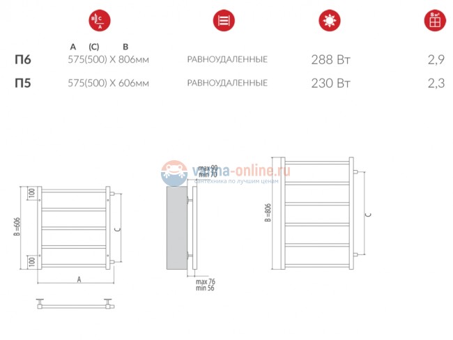 Полотенцесушитель водяной Terminus Вега П5 500x606, с боковым подключением Полотенцесушитель водяной Terminus Вега П5 500x606, с боковым подключением