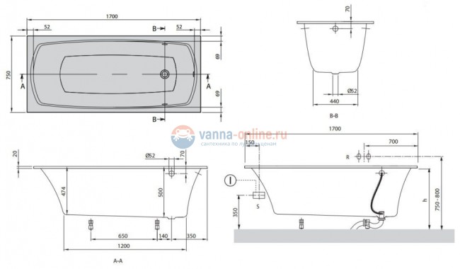 Ванна из искусственного камня Marmo Bagno Элза 170х75 см