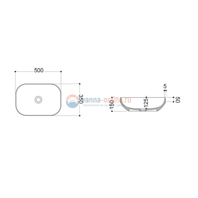 Раковина накладная AXA Decus прямоугольная 500х350хh150мм., серый матовый