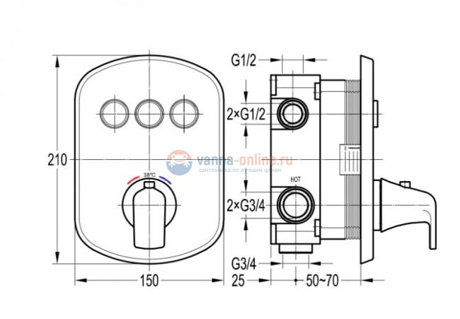 Смеситель для душа Cezares GLOBO-F-VDIM3-TB-01, встраиваемый термостатический, трехпозиционный Смеситель для душа Cezares GLOBO-F-VDIM3-TB-01, встраиваемый термостатический, трехпозиционный