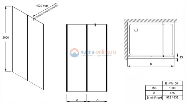 Душевое ограждение Jacob Delafon Serenity E14W100-BLV, профиль черный, стекло прозрачное