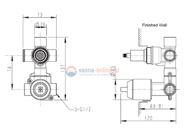 Смеситель Bravat D982CP-A-RUS для ванны и душа (скрытая часть), 2-функциональный