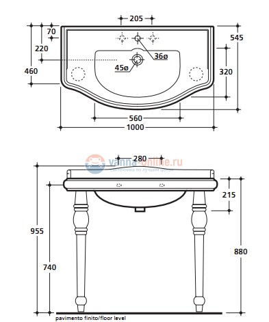Раковина Kerasan 100 Retro 105001*3, на 3 отв., 100*54,5 см