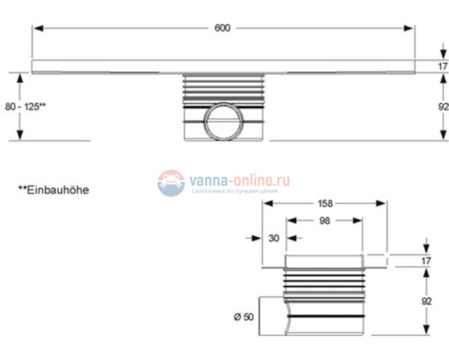 Дренажный канал MEPA 150301, 600 мм, в комплекте ножки, сифон 0,81л/с Дренажный канал MEPA 150301, 600 мм, в комплекте ножки, сифон 0,81л/с