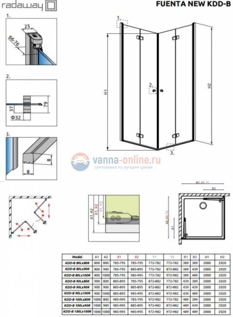 Душевой уголок Radaway Fuenta КDD-B 90 x 90 с дверями типа Bi-fold, с порогом Душевой уголок Radaway Fuenta КDD-B 90 x 90 с дверями типа Bi-fold, с порогом